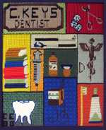Dentistry embroidery showing tooth, dental tools, books, toothpaste, brush, emblem, syringe and gadgets